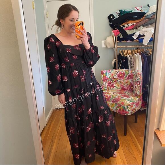 NICHOLAS Black Pink Floral Square Neck Long Balloon Sleeve Silk Maxi Dress 6 - Picture 5 of 14